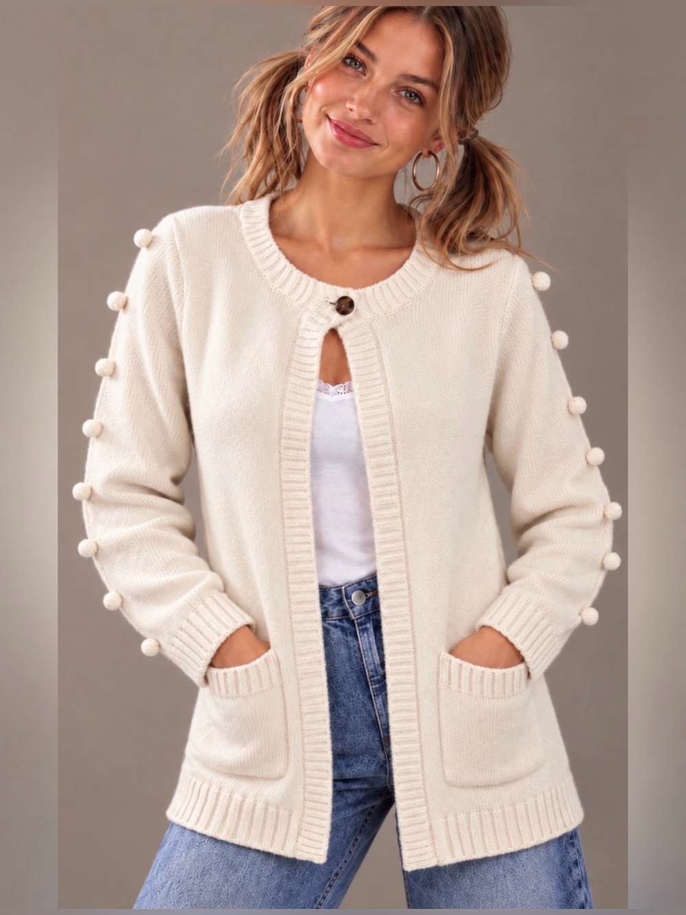 Hanna Anderson Cream Pom-Pom Sleeve Knit Cardigan Sweater w Pockets - Size 12